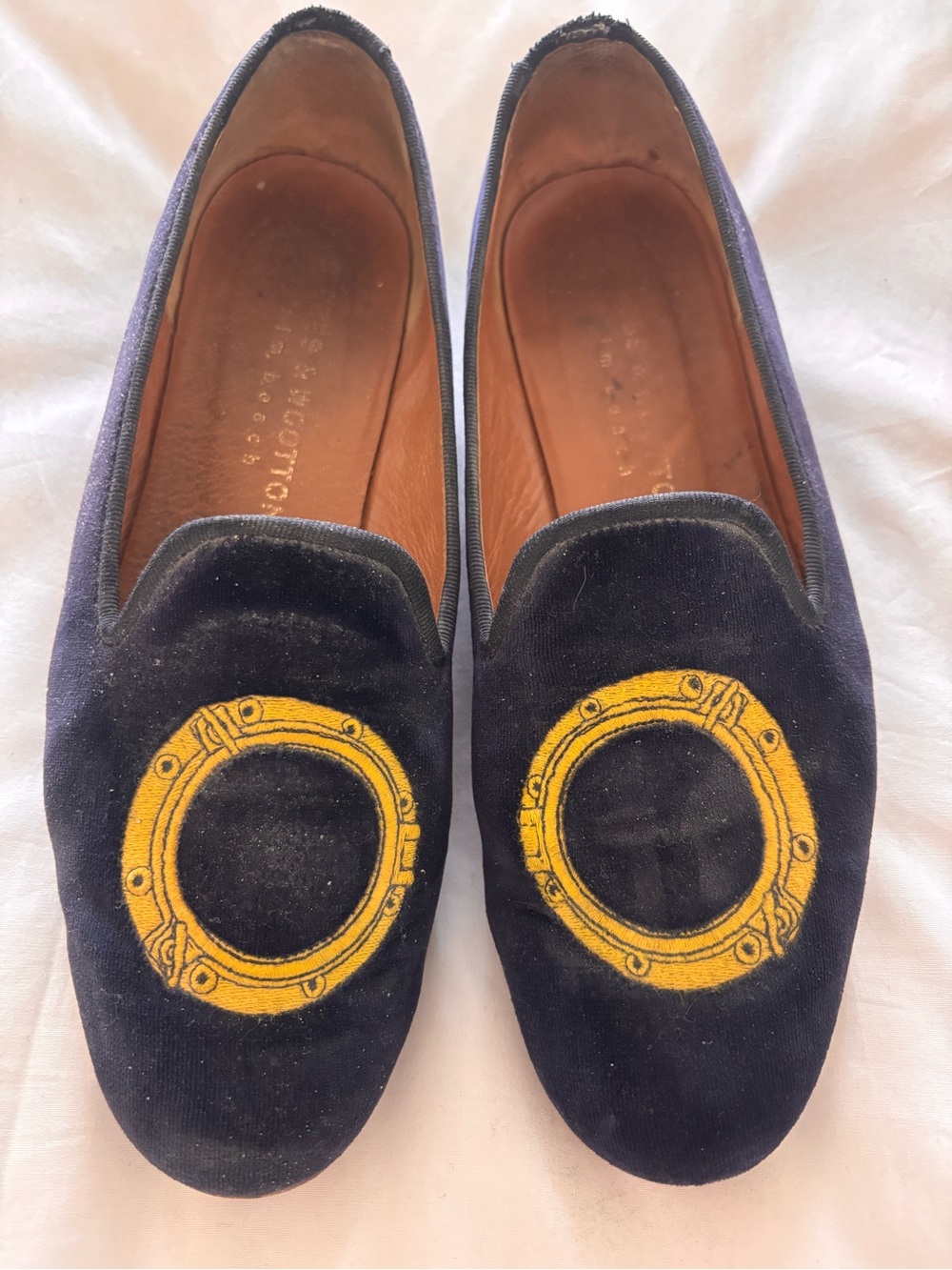Stubbs & Wootton navy blue Velvet Loafers with Yellow Embroidered Ring, 8 1/2